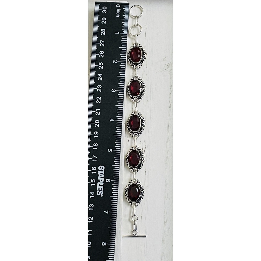 Sterling Silver Bracelet with Faceted Red Cabochons Adjustable 6.5 to 7" - Picture 5 of 9